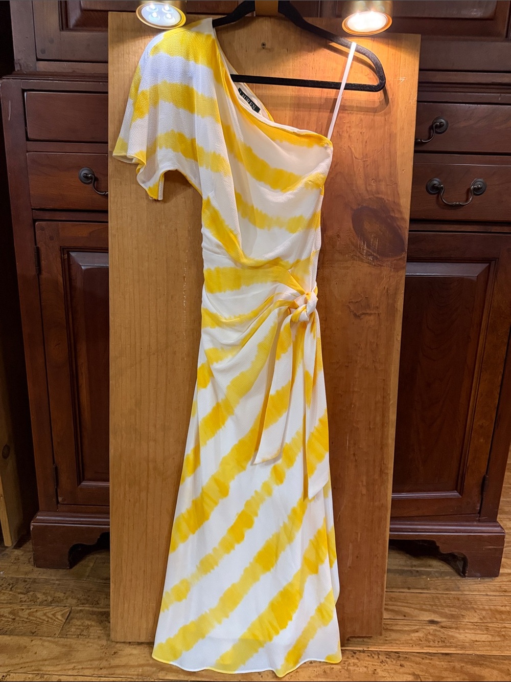 Lauren Ralph Lauren White & Yellow One-Shoulder Maxi Dress with Side Tie